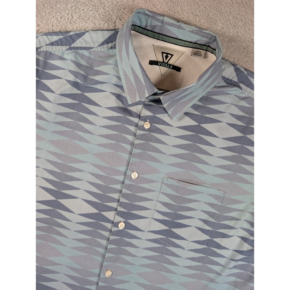 Vissla Mens Large Blue Grey Geometric Diamond Short Sleeve Button Down M5041JAB